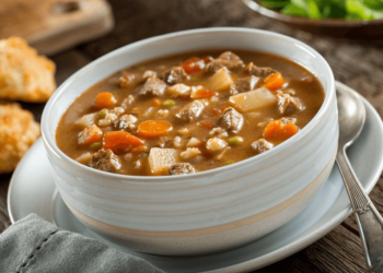 Receita de sopa com caldo de carne e legumes.