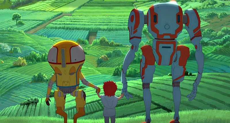 os dois robôs decidem criar a criança em segredo, em um lugar seguro fora de Eden.