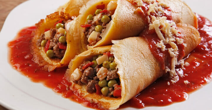 Receita de Panquecas com recheio de Carne e Ervilhas.
